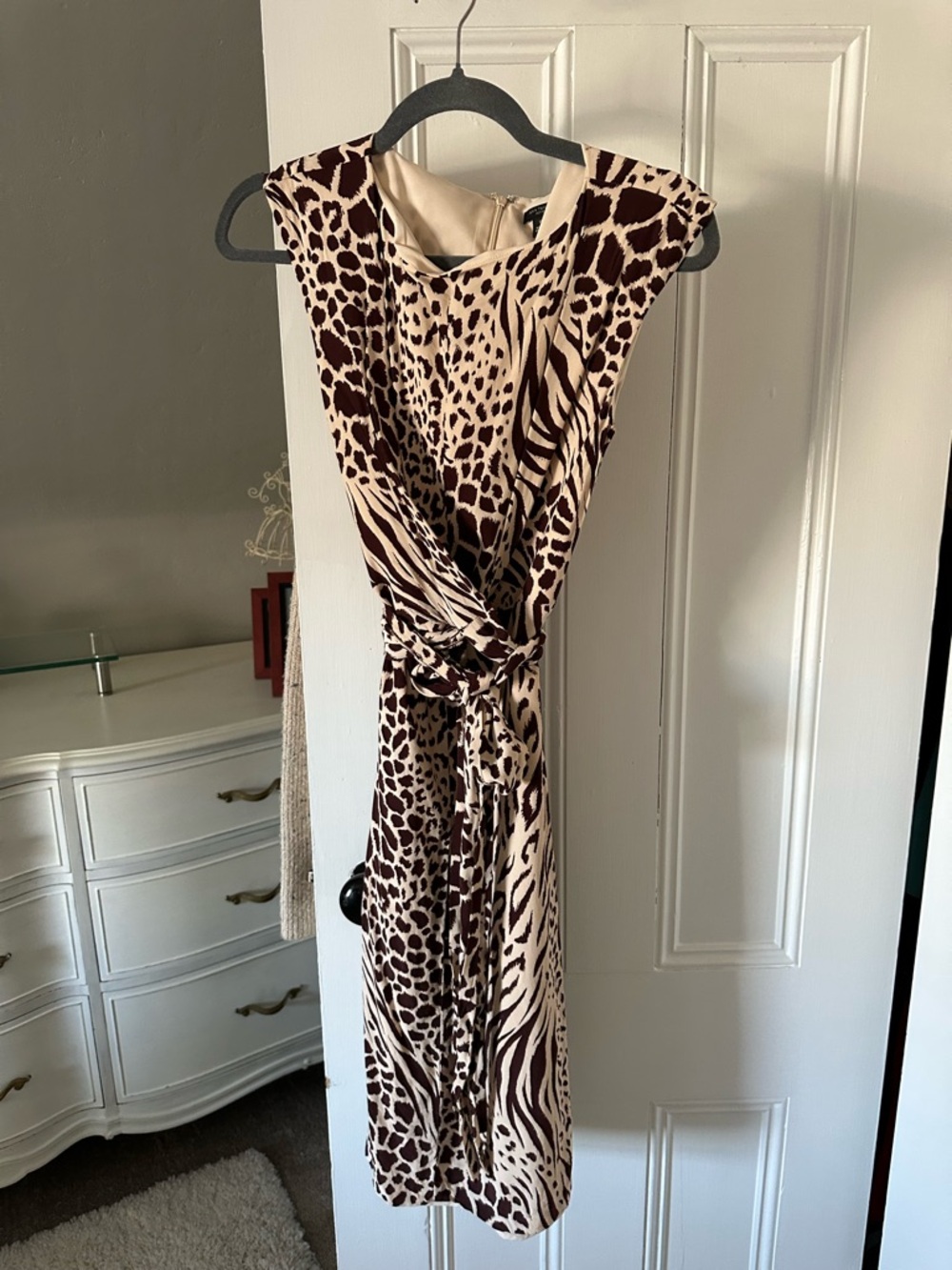 Ann Taylor Beige and Brown Animal-Print Tie-Waist Midi Dress